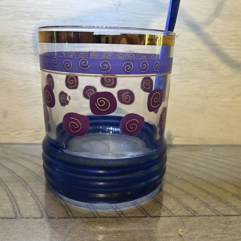 Sakura Sango Sue Zipkin MCM Golf Rim MCM Drinking Glass Blue Red Gold Rimmed VTG